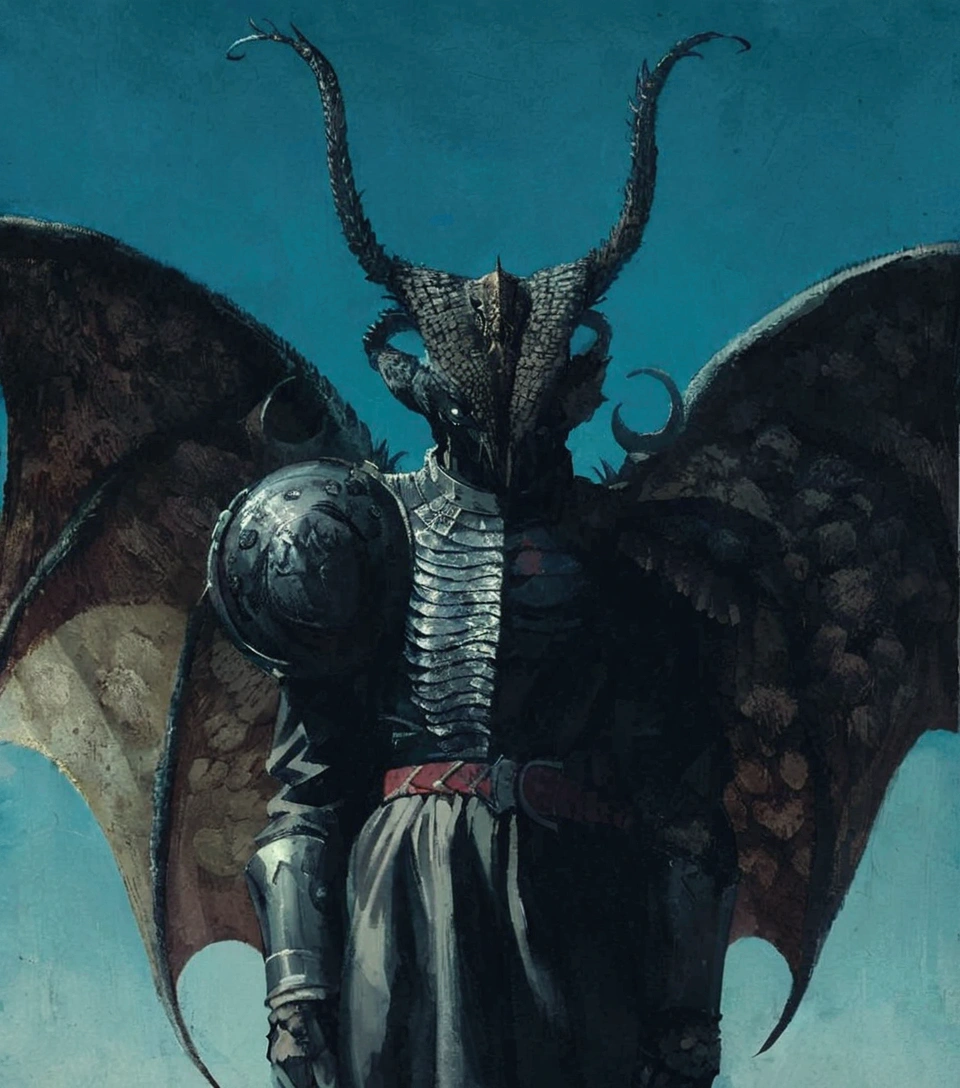 há um homem com cabeça com chifres e capacete, Dwayne Barlowe, Wayne Barlowe detalhado, estilo de wayne barlowe, Wayne Douglas Barlowe, Direção: Terry Oakes, Wayne-Barlowe, arte de fantasia sombria da velha escola, estilo de Jim Burns, Arte conceitual de Wayne Barlowe, por Wayne Barlowe, beeple e jean giraud