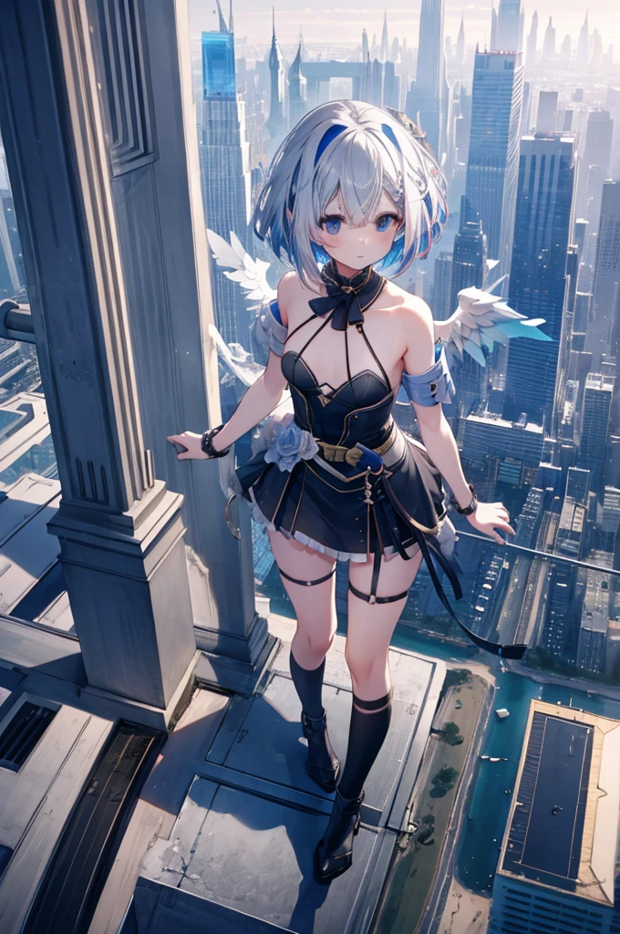 Stand on top of a building、Overlooking the city、A fleeting expression、short hair、Small Wings、Shot from above、Concept Art、masterpiece、high resolution、Small breasts、