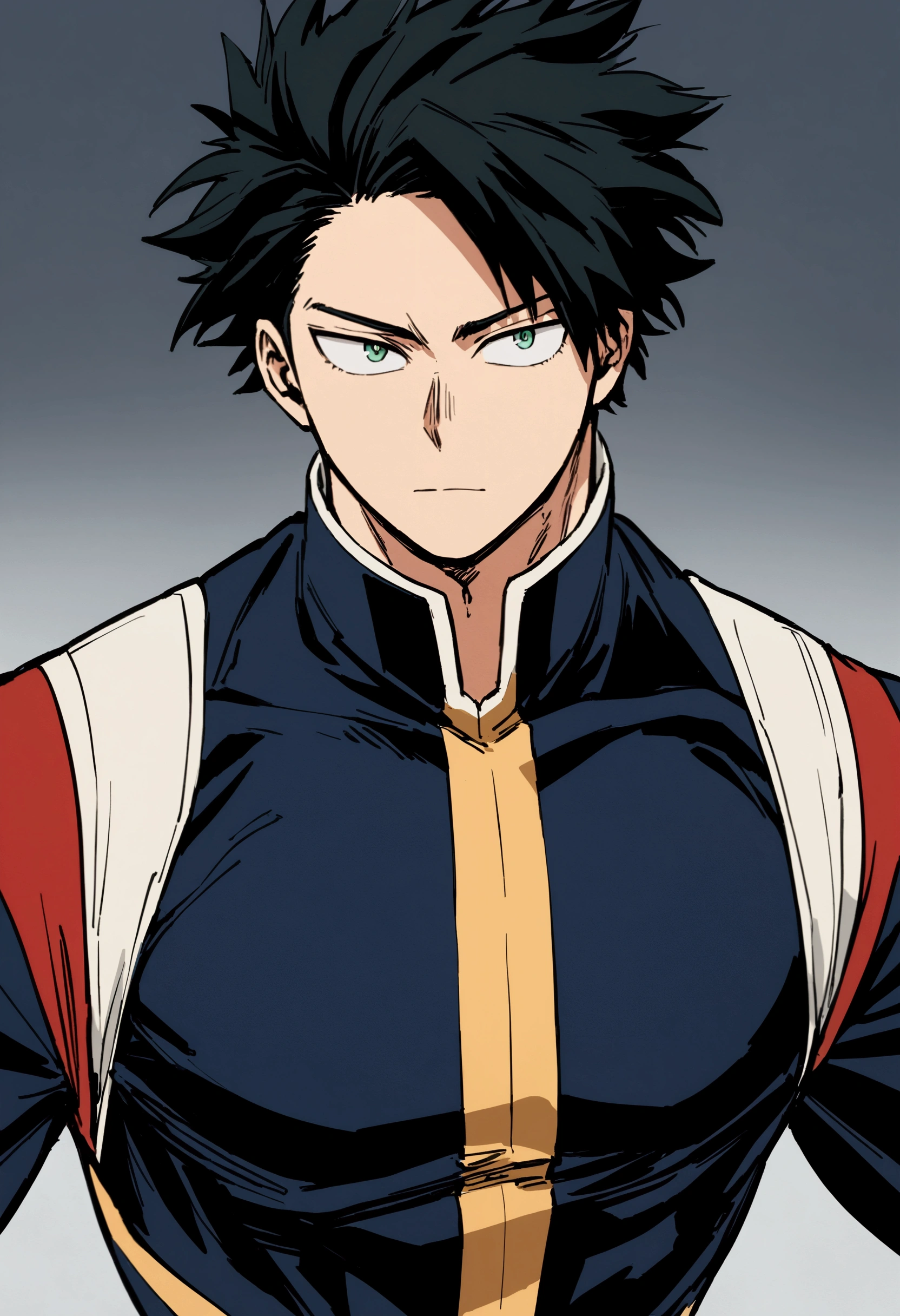 He is a , He has slightly disheveled black hair..., somewhat light green eyes, looking straight ahead , muscular body , He is dressed in the anime uniform. "my hero academia".