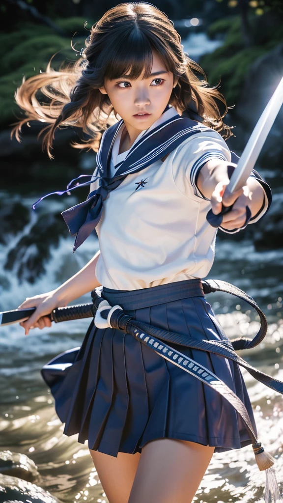 (Ultra HD, Highest quality, High resolution, Hyperrealistic, super beautiful), 24000dpi, Beautiful woman, Long Tail, Well-formed eyes, Eyesight max, 18-year-old, Alluring, Completely American, perfect body, Physical Beauty, ((Japanese blue sailor uniform, Navy blue mini skirt, serafuku)), (((2 foot knife, He is carrying an electric Japanese sword., Two-Way))), Blue Lightning, Charge Move, Special move stance, All in one, Dance, whole body