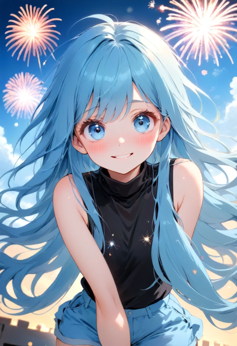 masterpiece, best quality, extremely detailed, (illustration, official art:1.1), 1 girl ,(((( light blue long hair)))), ,(((( light blue long hair)))),light blue hair, , long hair ((blush)) , cute face, big eyes, masterpiece, best quality,(((((a very delicate and beautiful girl))))),Amazing,beautiful detailed eyes,blunt bangs((((little delicate girl)))),tareme(true beautiful:1.2), sense of depth,dynamic angle,,,, affectionate smile, (true beautiful:1.2),,(tiny 1girl model:1.2),)(flat chest) ,(((black high neck sleeveless top:1.3)))、shorts、Firework Venue、firework
，Photographing the sky from below，Precise focus，randome pose，cinema4d，Drama
