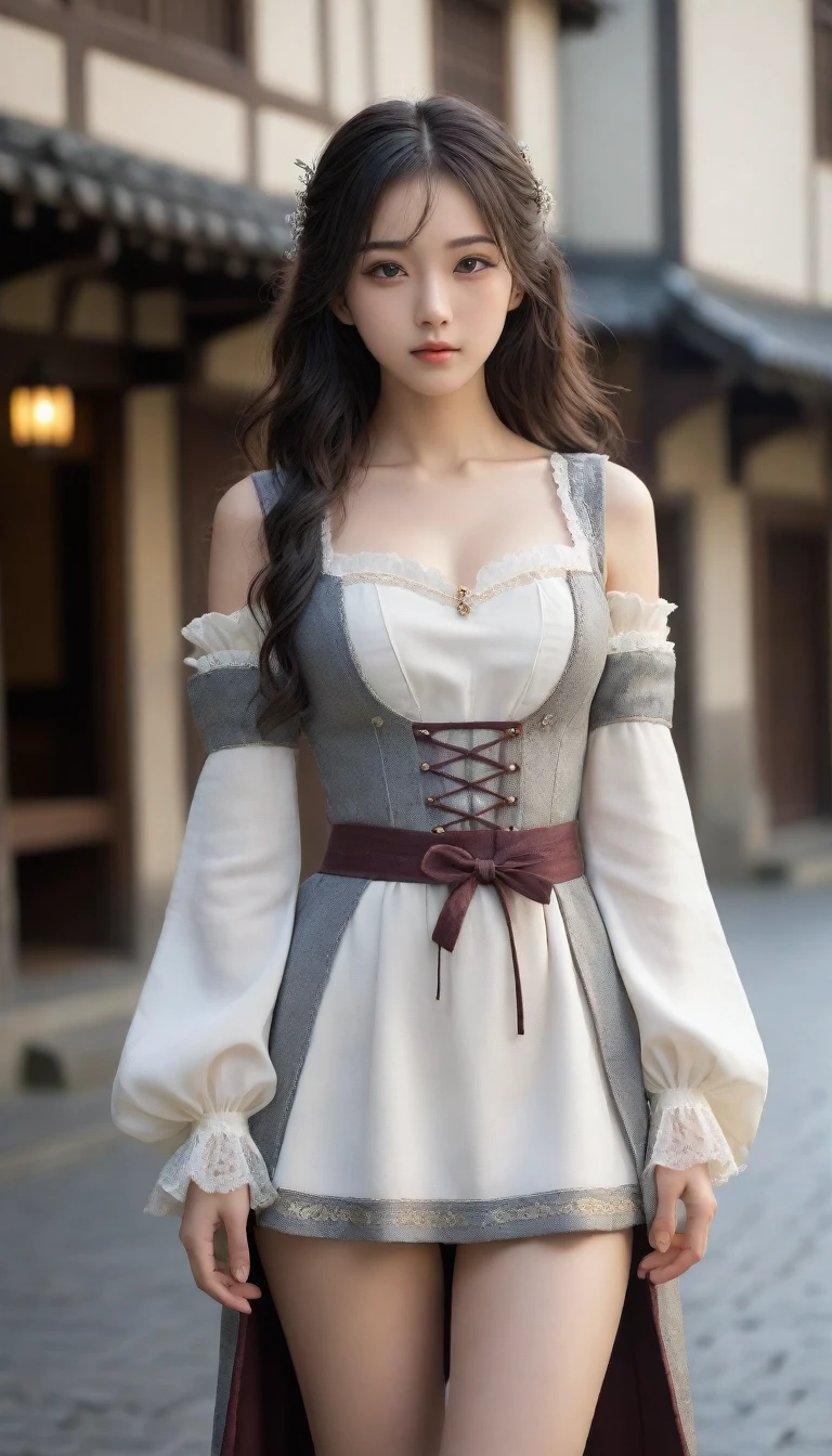 8k, Ultra-high resolution, Highest quality, masterpiece, 三分割法によるphotograph,Surreal, photograph, 1 Girl, (:1.3), pretty girl, Cute Face, Beautiful eyes in every detail, 細かくdetailedに,masterpiece,One Girl:1.2, Japan Female Announcer,full body,disgust,Long black hair,Loose curly hair,(Dressed in medieval European clothing:1.3),(印象派の美しい少女のPortraiture), (Standing in a medieval European square:1.3), (After the Rain), (Sunset reflection), (Impressionist light and colour),Beautiful leg line beauty,Realistic Skin, Perfect and beautiful face ,完璧でCute Face, Skin with attention to detail, Perfect limbs、Narrow waist、Thin legs),Looking at the audience、beauty,Long neck、(((Ideal body type))),A cup small breasts :2,Portraiture:2,Perfect Anatomy,鮮明なdetailed,detailed,Surreal,Light and shadow,darkness
