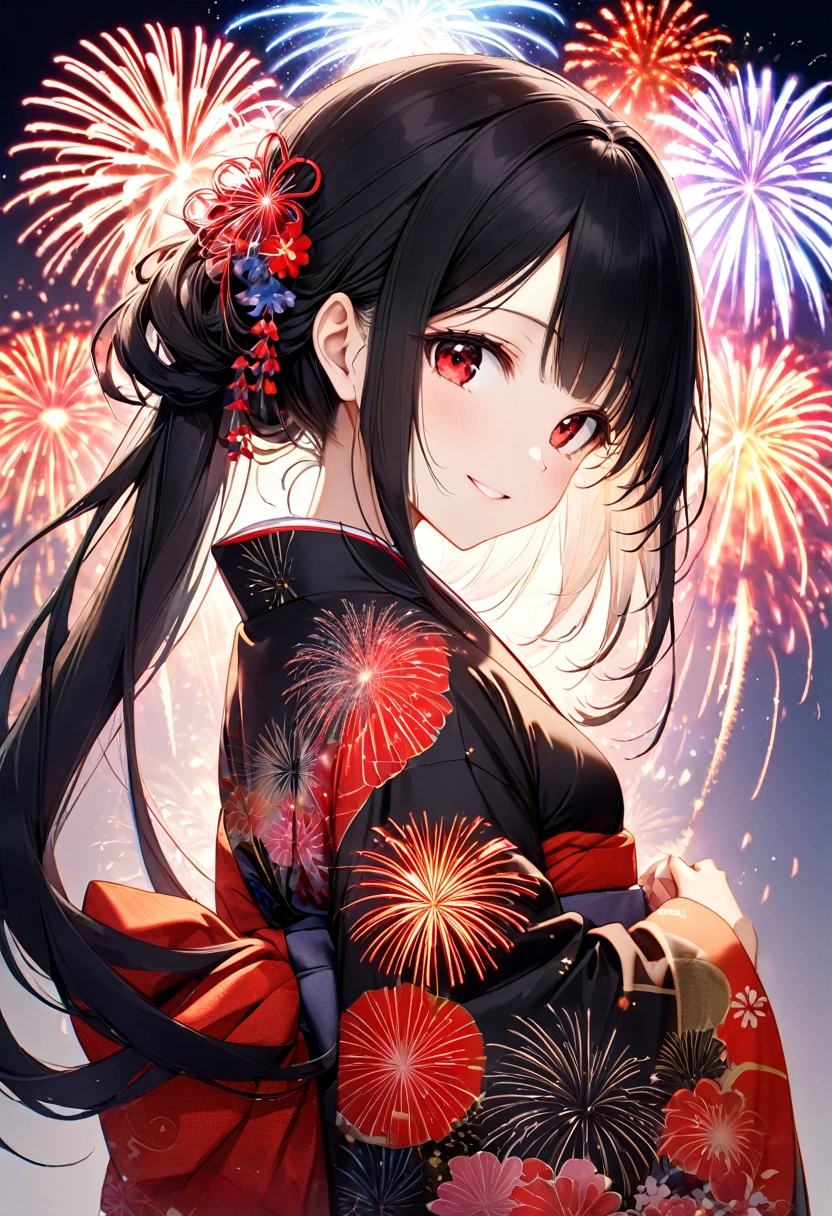 (double exposure:1.4 Heart Shape:1.3 many:1.2 fireworks), (a straight black hair very long hair sadist girl, cool red eyes, sexy smile, in a exposure yukata, small tits), BREAK, 16k, beautiful detailed silhouette.