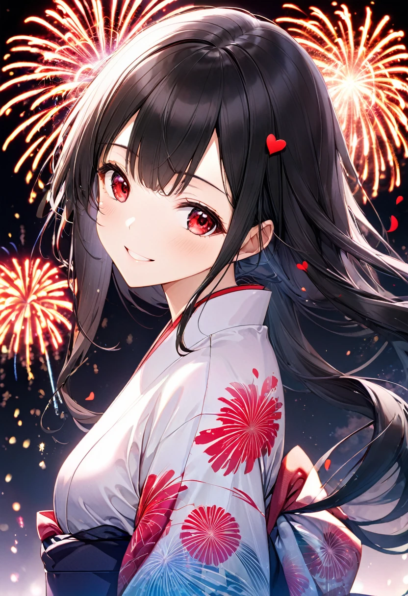 (double exposure:1.4 Heart Shape:1.3 many:1.2 fireworks), (a straight black hair very long hair sadist girl, cool red eyes, sexy smile, in a exposure yukata, small tits), BREAK, 16k, beautiful detailed silhouette.