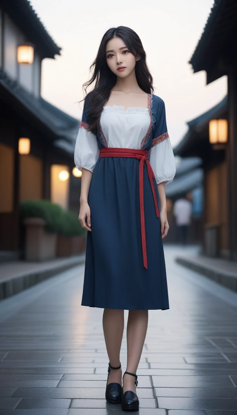 8k, Ultra-high resolution, Highest quality, masterpiece, 三分割法によるphotograph,Surreal, photograph, 1 Girl, (:1.3), pretty girl, Cute Face, Beautiful eyes in every detail, 細かくdetailedに,masterpiece,One Girl:1.2, Japan Female Announcer,full body,disgust,Long black hair,Loose curly hair,(Dressed in medieval European clothing:1.3),(印象派の美しい少女のPortraiture), (Standing in a medieval European square:1.3), (After the Rain), (Sunset reflection), (Impressionist light and colour),Beautiful leg line beauty,Realistic Skin, Perfect and beautiful face ,完璧でCute Face, Skin with attention to detail, Perfect limbs、Narrow waist、Thin legs),Looking at the audience、beauty,Long neck、(((Ideal body type))),A cup small breasts :2,Portraiture:2,Perfect Anatomy,鮮明なdetailed,detailed,Surreal,Light and shadow,darkness