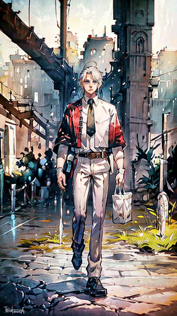 A handsome man with white hair sadness, his face staring at the ground, his body covered in bloodstains, a world in ruins, chaos, background, sadness