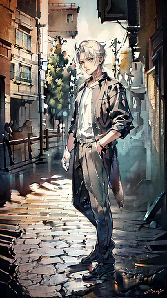 A handsome man with white hair sadness, his face staring at the ground, his body covered in bloodstains, a world in ruins, chaos, background, sadness