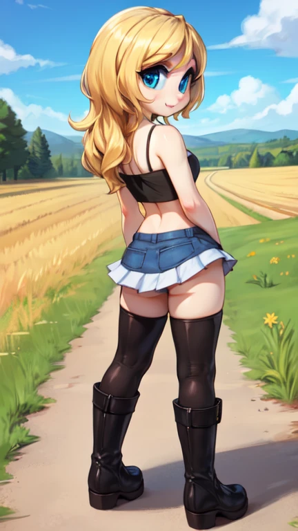White tube top, white felt miniskirt, FOCUS CUTE FACE, MAKEUP, blonde medium wave hair, narrow eyes, blue eyes, countryside, wear black boots, wear outdoors, blue sky, all body view. back view.