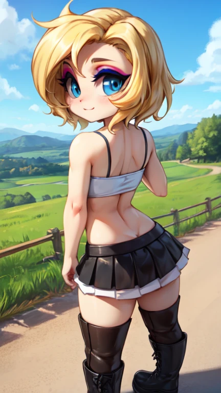 White tube top, white felt miniskirt, FOCUS CUTE FACE,  MAKEUP, blonde medium wave hair, narrow eyes, blue eyes, countryside, wear black boots, wear outdoors, blue sky, all body view. back view.