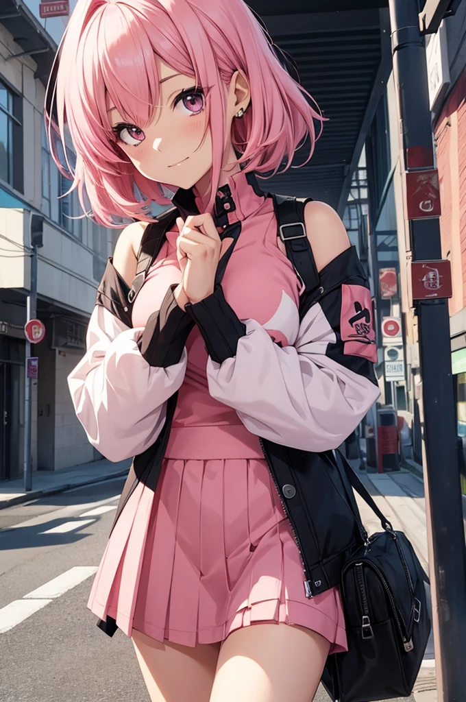 a 19 yo girl , ((Light Pink Hair:1.5)), (hi-top fade:1.3) , dark themed , Muted Tones , Subdued Color , highly contrast , (natural skin textures , Hyper-Realism , Soft light , sharp) , ((Lavender Purple Rue Buckle Harness)) , ((Vista Blue Long Sleeve Shirts :1.5)) , ( Pink Lavender Woman Nike Sneaker ), (Sky Blue Chunky Hiker Ankle Boots) ,(Black fishnet stockings:1.5) , (((shoulder-length hair)) , (bright Orange eyes:1.5) , (beautiful detailed eyes:1.5) , ((Amused emotion:1.3)) , ((parking garage background)) , cute pose , focus on the face , cowboy shot