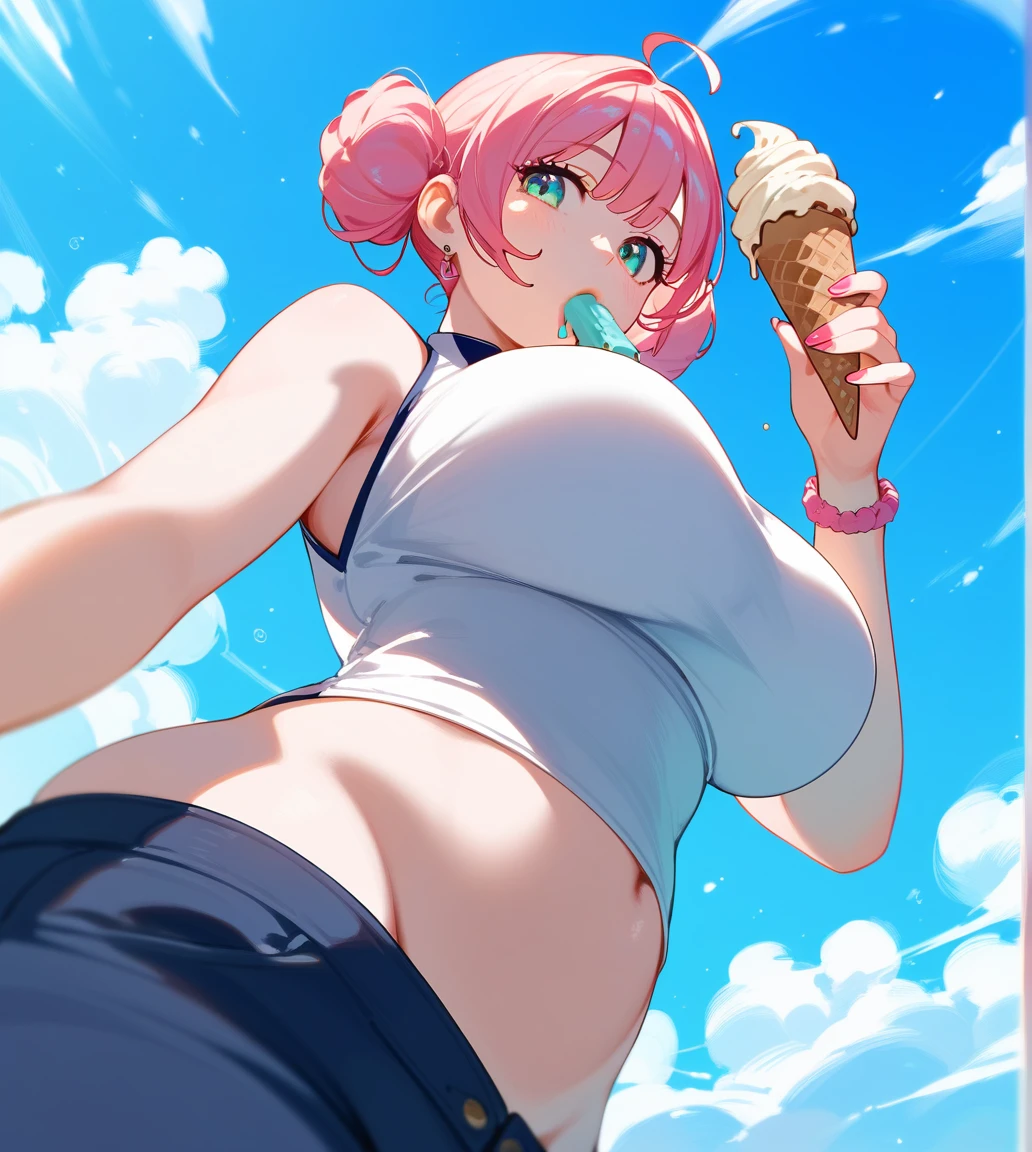 ((Highest quality, from below:1.3)), Upper Body、Long legs、Sharp focus:1.2, Beautiful woman with perfect figure, 19 years old, large breasts, triple D cup breasts, round buttocks, bubbly buttocks, wide hips, bubbly ass、Sexy pose、(eating ice cream cone)