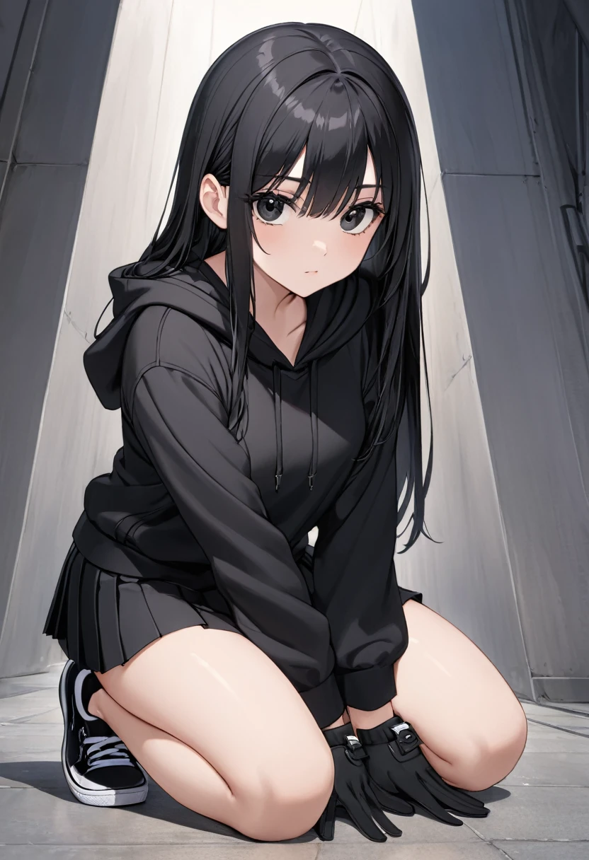 Black miniskirt , Black sneakers , Black hoodie , pleated skirt , whole body , thighs , black hair , black eyes , straight hair , long sleeves , bare legs , Black gloves , Kneeling position , close up