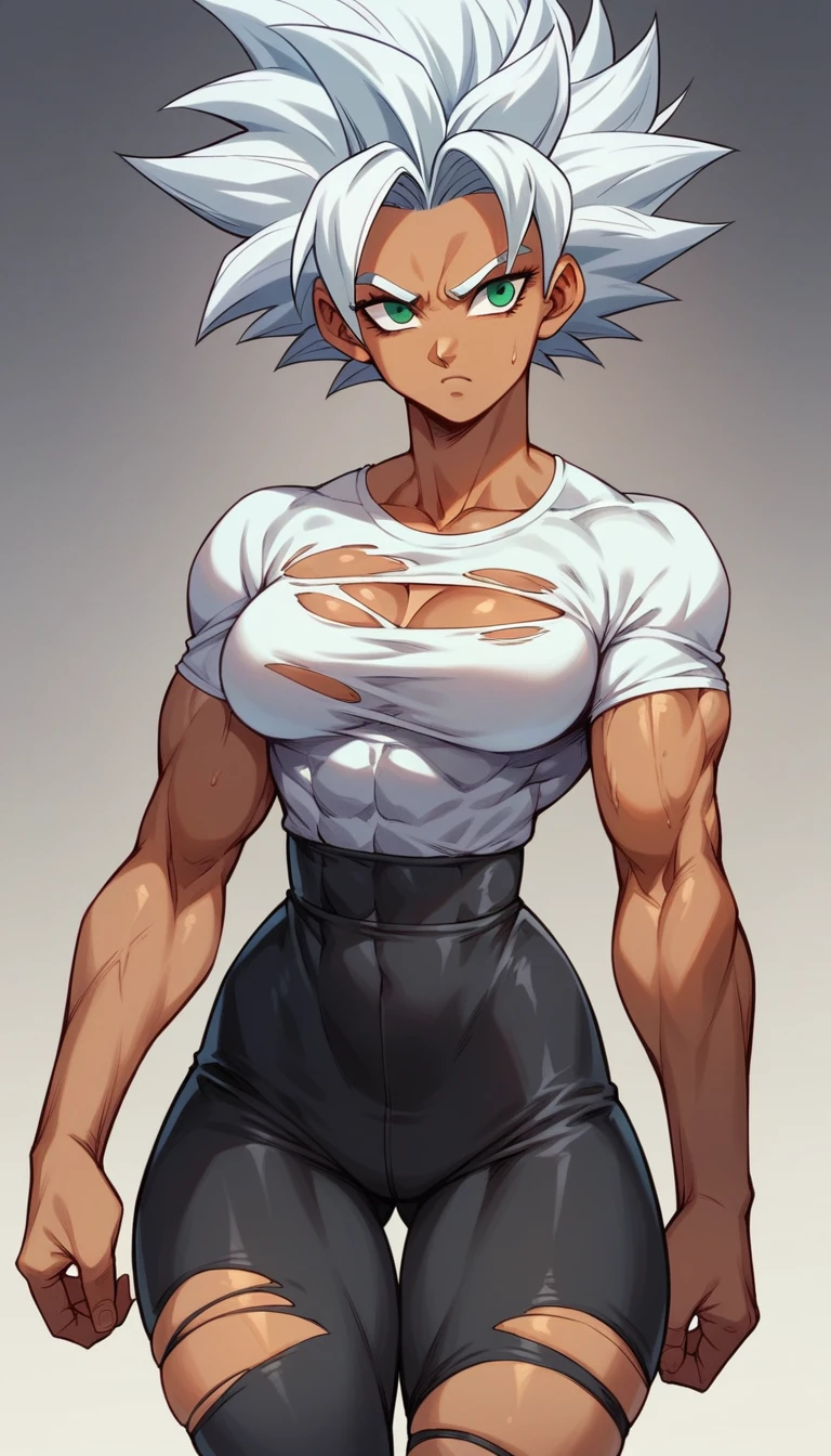 a girl, Saiyan, spiky white hair, green eyes, ripped muscles, thin waist, wide hips, dark skin, medium breasts, skintight clothes, white t-shirt, black pants
