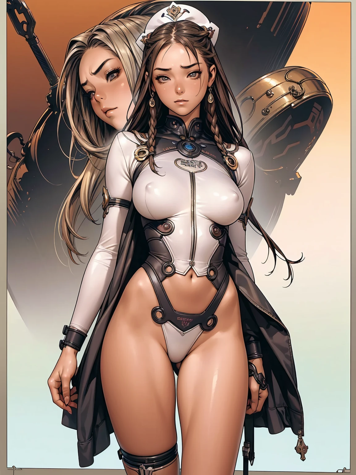 (((best final quality))), ssmile(((standing alone:1.2))),(((1 girl:1.2))),((((beautiful perfect woman)))),(((perfectbody detalhado, perfect finger detailed))),((((((final film poster)))))),(((to burst, close up))),((((detailed complicated machine)))),(((((mechanical genius))))),(((American comics))),(((extreme highlights))),(((extremely colorful, primary colours))),neckleace, super beautiful lady,(((Typography))),text, (Unbeatable masterpiece), (hiper HD),(CG 8k hyper-realistic), (((brave face))), (((breasts big))), (((hyper feminine))), (((musclegirl))), sexly girl, king of fighter,(straight hair with thin braids)), ((( sculptural body ))), (((1 girl))), garota de 25 anos com perfectbody,,Beautiful and well-groomed face,muscular body:1.2,solid color detailed jacket, (Head to thigh photos), Complex equipment, (((standing alone))), pirralha violent, ((())), sexly, pose de atitude, work of art, post-apocalypse, (((manga style))), bounty hunter, violent, Manic, the way you want, slenderbody, thin but strong, perfectbody, roupa moderna, advanced technology, neon, sleeves with vertical striped pattern, intricate background, (( cowboy shot )). intricate visual