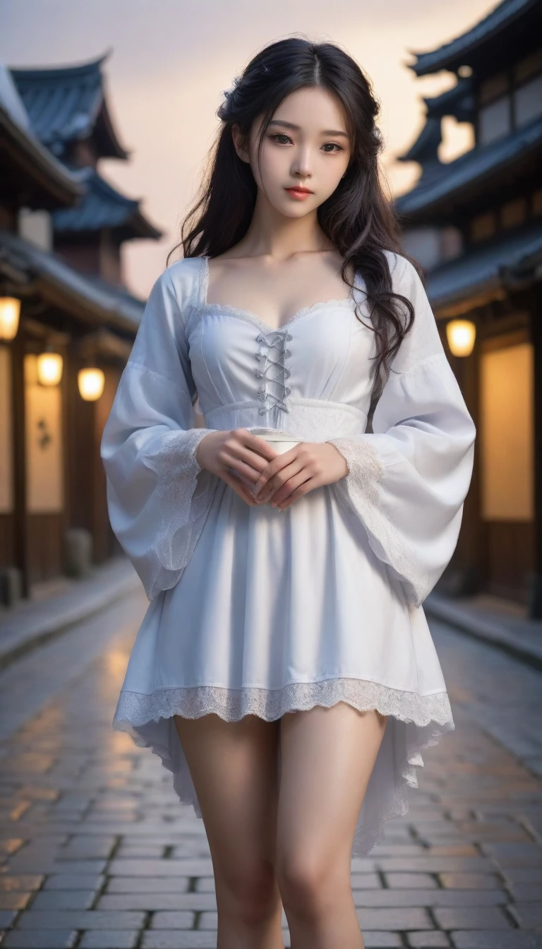 8k, Ultra-high resolution, Highest quality, masterpiece, 三分割法によるphotograph,Surreal, photograph, 1 Girl, (:1.3), pretty girl, Cute Face, Beautiful eyes in every detail, 細かくdetailedに,masterpiece,One Girl:1.2, Japan Female Announcer,full body,disgust,Long black hair,Loose curly hair,(Dressed in medieval European clothing:1.3),(印象派の美しい少女のPortraiture), (Standing in a medieval European square:1.3), (After the Rain), (Sunset reflection), (Impressionist light and colour),Beautiful leg line beauty,Realistic Skin, Perfect and beautiful face ,完璧でCute Face, Skin with attention to detail, Perfect limbs、Narrow waist、Thin legs),Looking at the audience、beauty,Long neck、(((Ideal body type))),A cup small breasts :2,Portraiture:2,Perfect Anatomy,鮮明なdetailed,detailed,Surreal,Light and shadow,darkness