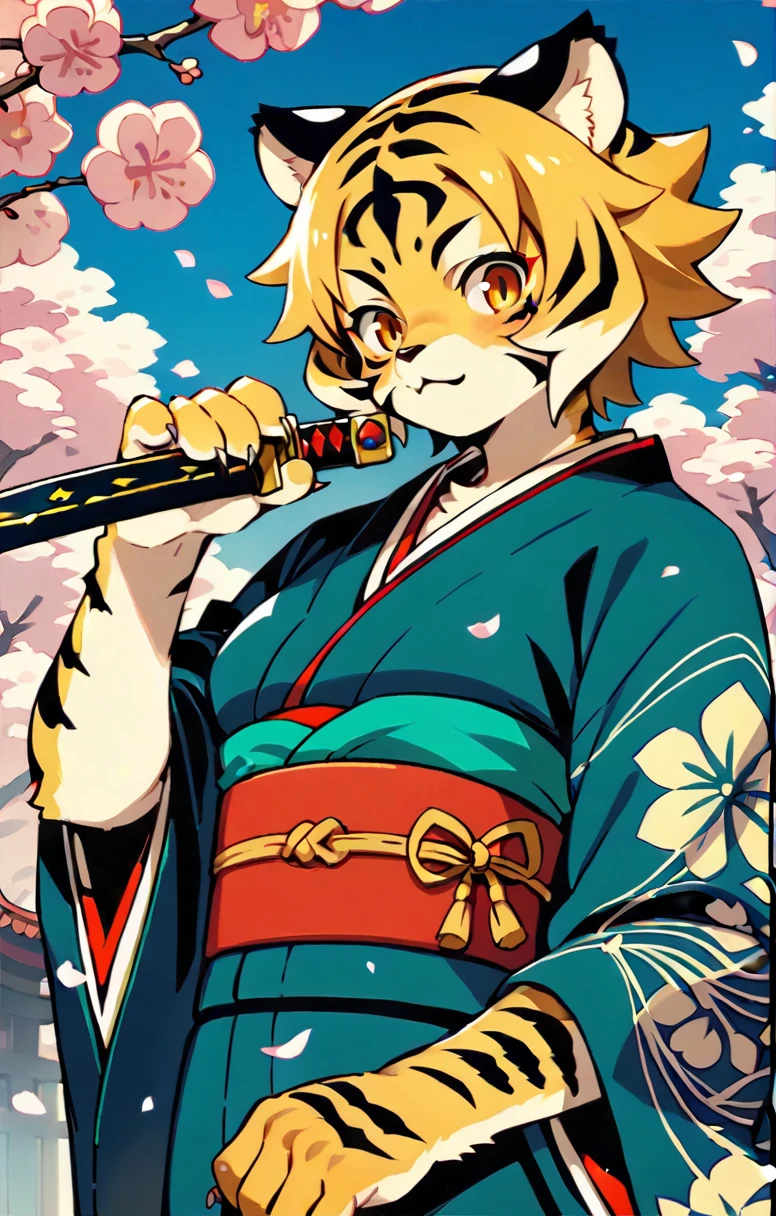 ((Sword in right hand,The left hand is bare hand)),((masterpiece,cute,Tiger Girl,kimono,A Cup,Fighter)),Japanese Style,alone,kemono,Cat girl,Female furry,Background crop,humanoid cheetah,Fantasy,