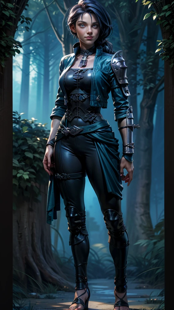 Solo, female, slightly muscular, slightmuscle, big blue eyes, fantasy outfit, forest, pants, cropped jacket, modest clothingBlack hair, Black curly long hair in a ponytail, light eyes, tall and Toned woman, Red and blue outfit Barbarian woman, full body, aesthetic, beautiful woman,fantasy clothing, (masterpiece, best quality:1.2), solo, 1girl, smile, looking at viewer, ponytail, sandals, bare arms, no sleeves, baggy pants, 