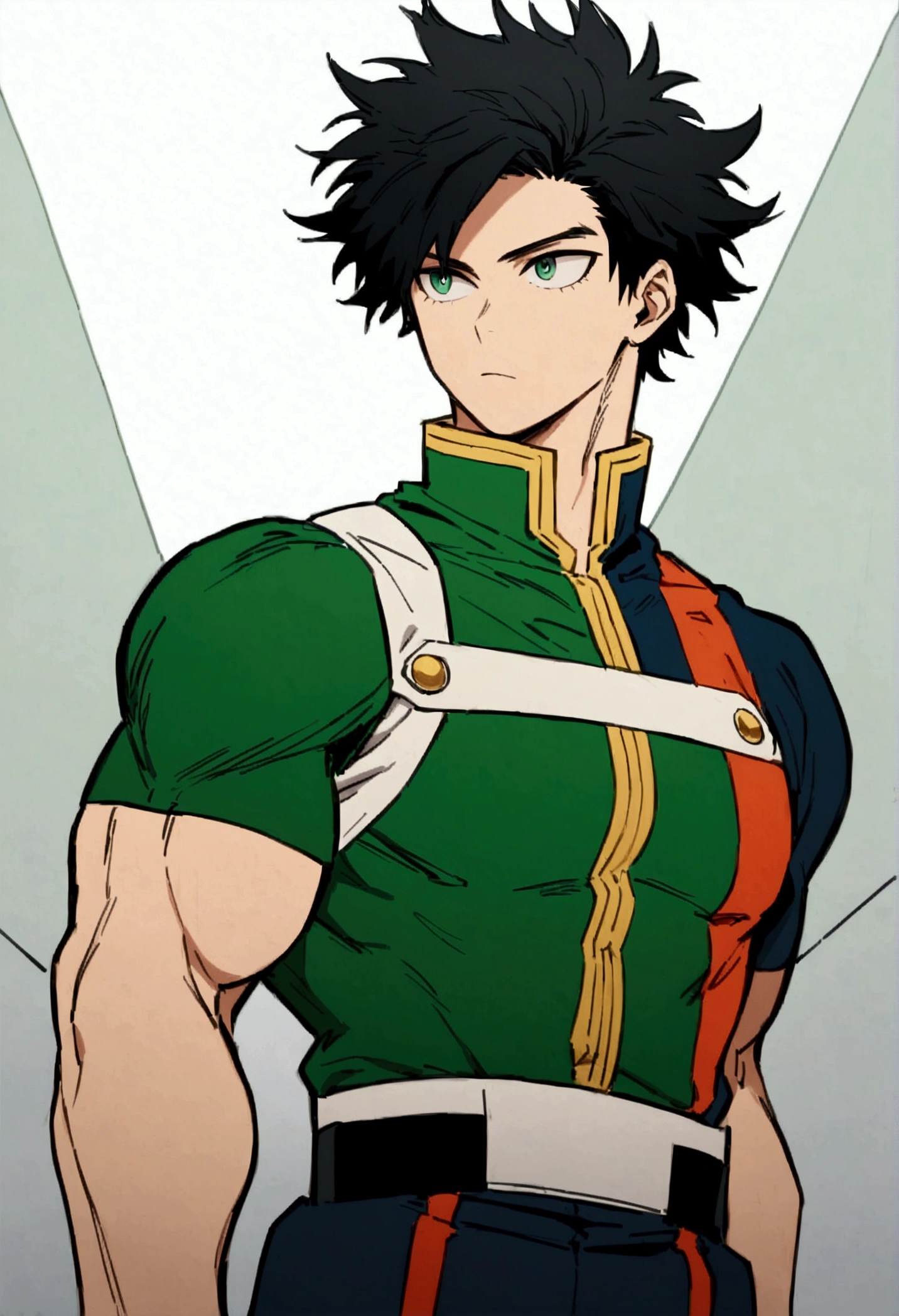 He is a 17 year old ager, He has slightly disheveled black hair..., somewhat light green eyes, looking straight ahead , muscular body , He is dressed in the anime uniform. "my hero academia", green power
