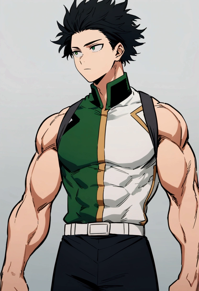 He is a 17 year old teenager, He has slightly disheveled black hair..., somewhat light green eyes, looking straight ahead , muscular body , He is dressed in the anime uniform. "my hero academia", green power