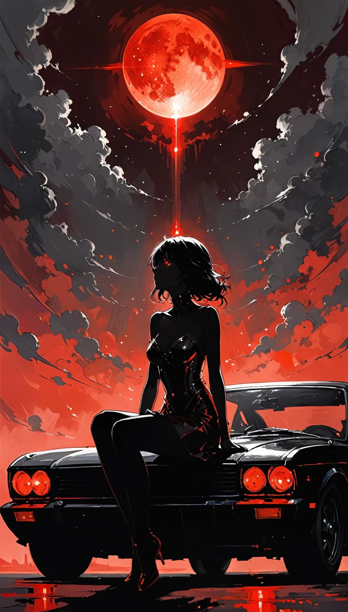 in style of Ashley Wood,in style of Santiago Caruso,
1girl,knees apart feet together,?,large areas of white space,grey_background,(minimalist red background:1.1),sitting,at the bottom of the screen,(looking up side:1.5),from the side,oil_painting_(medium),drop_shadow,the ultimate sparkle,the eyes emit a point light source,red clothes,(red_background:1.1),(red glowing eyes:1.7),red worship,red glow,shades of red,(dark:1.2),(the ultimate in darkness:1.2),(red moon celestial bodies:1.1),a sea of red clouds,(chaotic diffraction:0.5),red sky,red skin,wideangle,(there is a black car driving from a distance in the background:1.3),(an intense light shone on the silhouette of the maiden:1.3),(rough oil brush strokes:1.6),tyndall pillar of light,