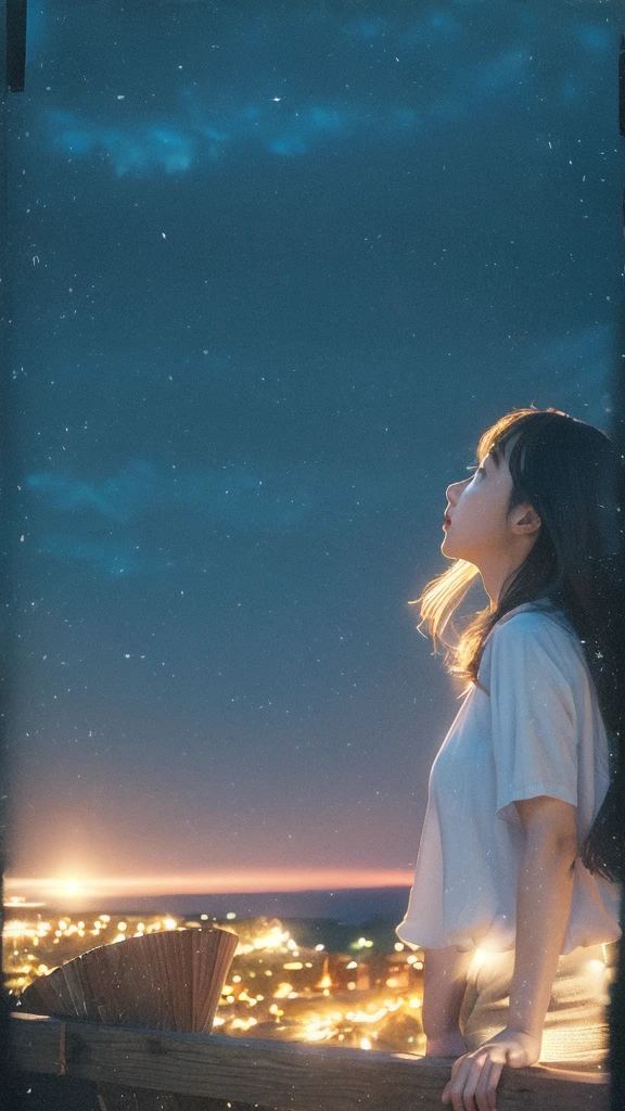 masterpiece,ultra realistic,32k,extremely detailed CG unity 8k wallpaper, best quality, dramatic light,(film overlay, film grain:1.3),  
(masterpiece, best quality:1.2), (looking at viewer), (wavy hair:0.8),
1girl, upper body, 
outdoors, night,, white shirt, black skirt, 
medium breasts, 