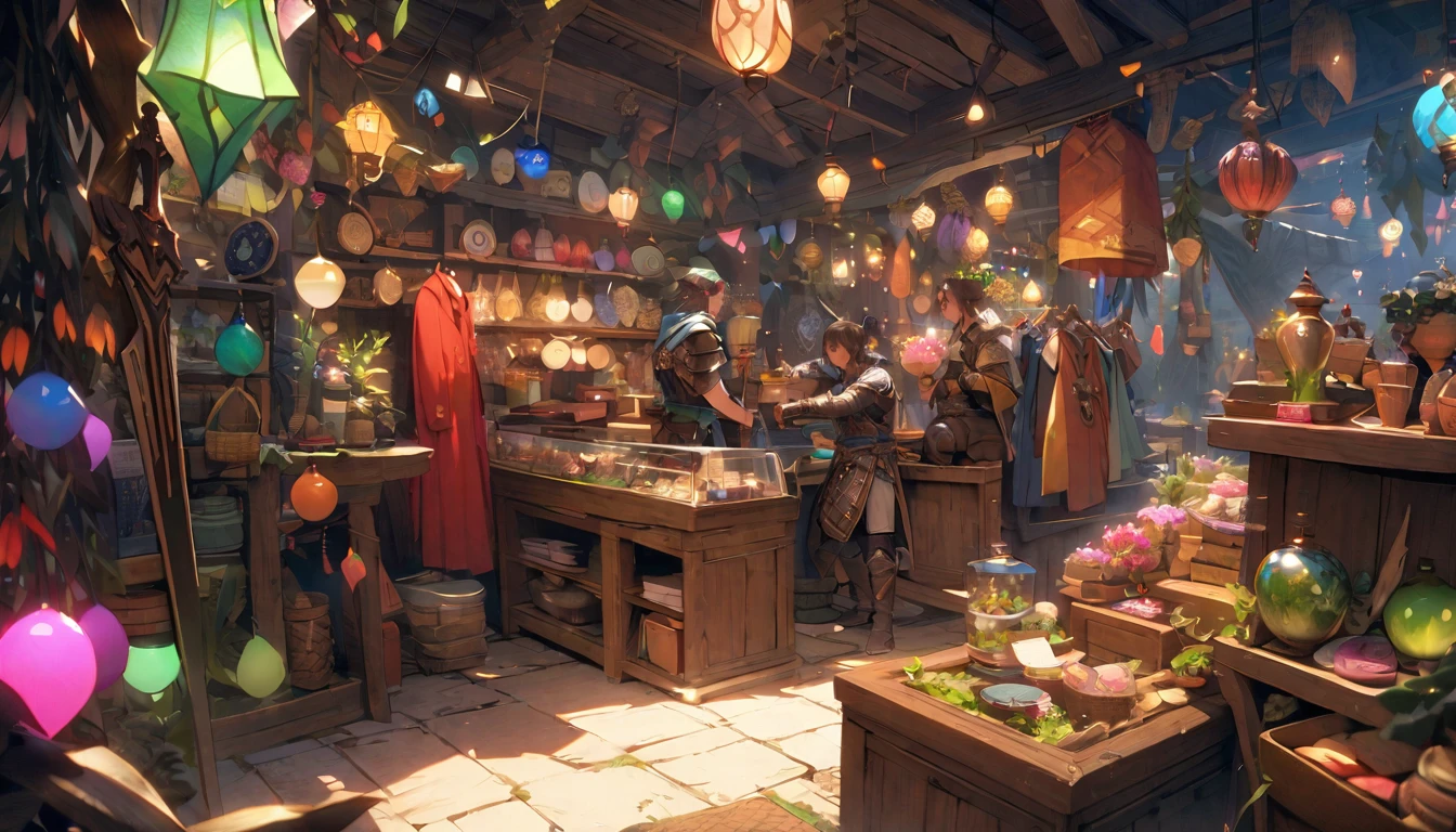 (masterpiece:1.4), (Highest quality:1.4), Very detailed, Complex, Very detailed, shape,Soft lighting, A bustling market in a magical city, More than one personで語り合う, Hopeful Face, smile, More than one person, Mixed gender, a group of adventurers, character from RPG games, (character: human, Fairy, Fairy, Dwarf, The Hobbit), (exterior: Swordsman Style, Shaman Style, Monk Style, Magician style), (belongings: Long sword, dagger, Holy Staff, Magic wand, shield, metal armor, Leather Armor), Perfectly accurate anatomical shape、All limbs intact、Perfect full finger, Colorful characters, A place to buy and sell mystical artifacts, Inside the store，Huge, Majestic, Uplifting expressions, Everyone&#39;s expressions are amazing.