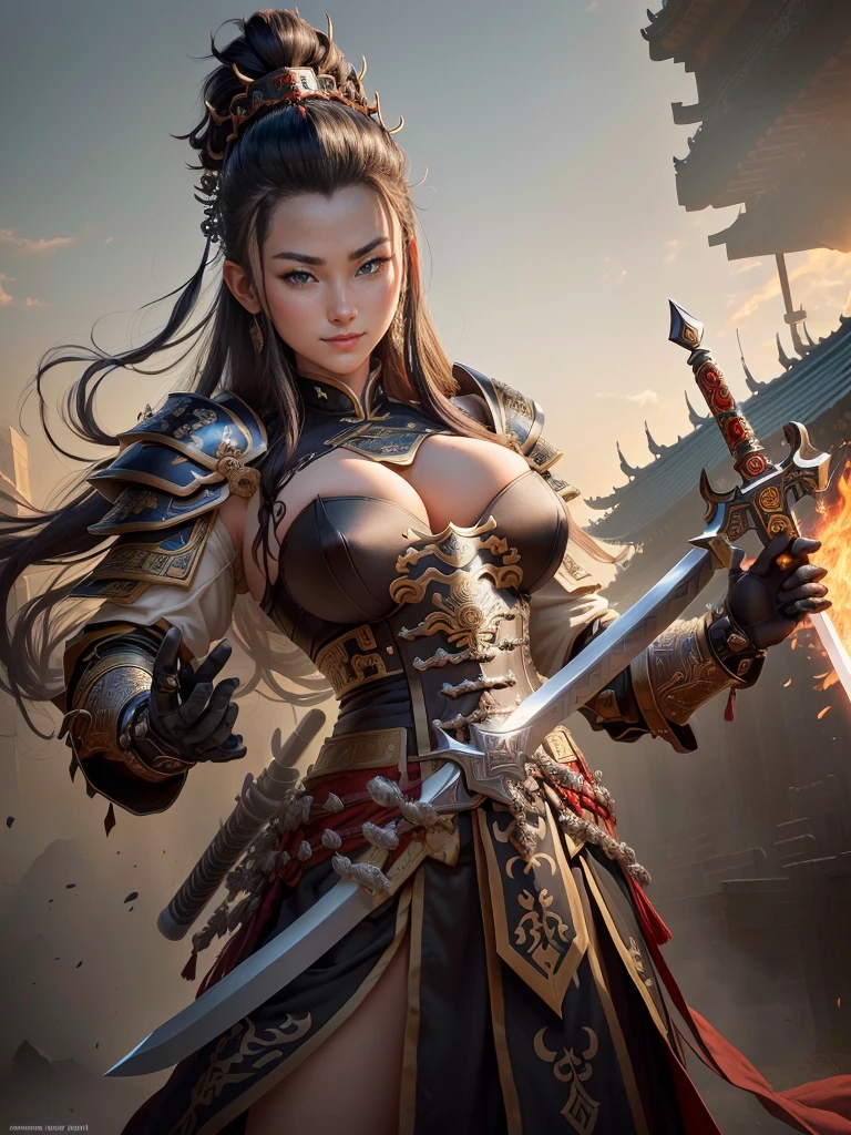 a man in armor with a black mohawk and a sword, inspired by Li Kan, guan yu, inspired by Hu Zaobin, inspired by Huang Shen, inspired by Huang Ding, inspired by Wu Bin, bian lian, inspired by Li Gonglin, chinese three kingdoms, inspired by Li Cheng, genghis khan, inspired by Pu Hua, Highly detailed CG unit 8k wallpaper, masterpiece, High resolution, highest quality, highest quality real texture skin, Super Real, Digital Painting, Best image quality, 最High resolution, 8k, (((Highly detailed eyes and face, Beautiful eyes every detail))), disproportionate breasts, huge breasts, sagging breasts, gigantic breasts, evil grin, evil smile,