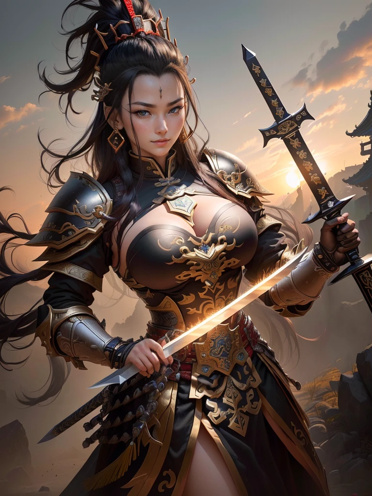 a man in armor with a black mohawk and a sword, inspired by Li Kan, guan yu, inspired by Hu Zaobin, inspired by Huang Shen, inspired by Huang Ding, inspired by Wu Bin, bian lian, inspired by Li Gonglin, chinese three kingdoms, inspired by Li Cheng, genghis khan, inspired by Pu Hua, Highly detailed CG unit 8k wallpaper, masterpiece, High resolution, highest quality, highest quality real texture skin, Super Real, Digital Painting, Best image quality, 最High resolution, 8k, (((Highly detailed eyes and face, Beautiful eyes every detail))), disproportionate breasts, huge breasts, sagging breasts, gigantic breasts, evil grin, evil smile,
