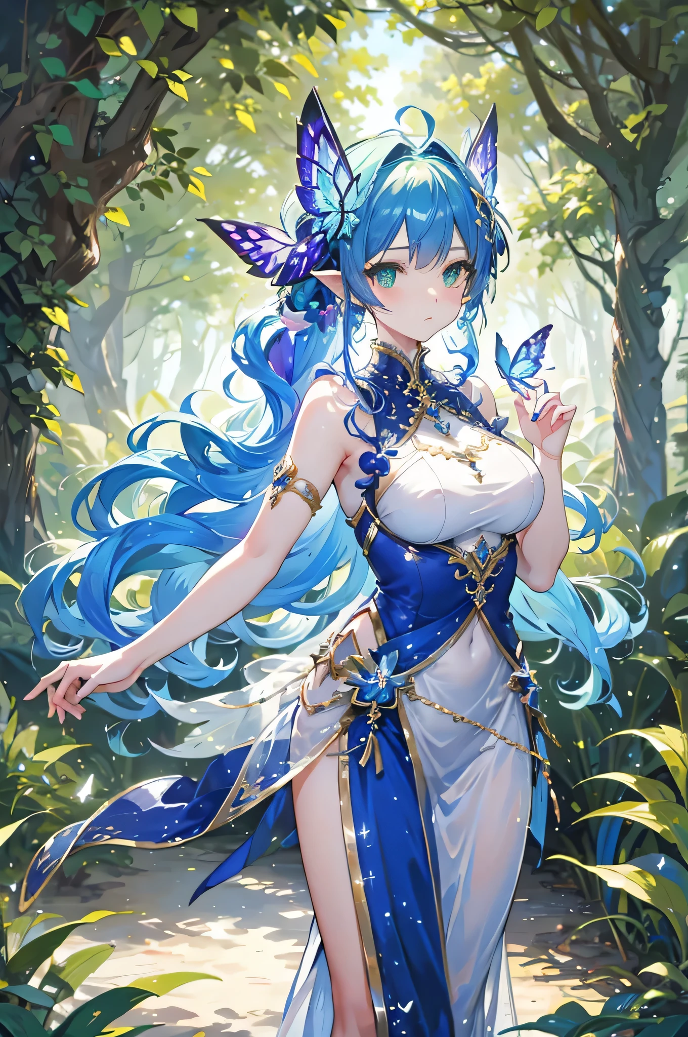 4K,High resolution,One Woman,Fairy,Blue Hair,Long Ponytail,Green Eyes,Big Breasts,butterfly_wings,knight,White knight dress,hair band,Jewelry decoration,Long sword,in the forest