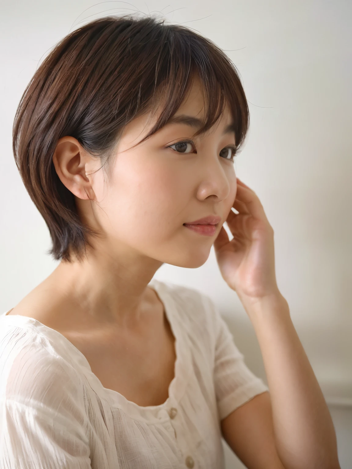 Short sleeve shirt、４０A chubby Japanese woman in her thirties、(White wall in the background、Gray Hair)、profile、Photographed in front of a white wall、Layered Cut、Very delicate hair、(In a room with white walls and windows)、((Highest quality、8k、masterpiece:1.3))、Ultra-high resolution、(photoGenuineistic:1.4)、RAW Photos、Japanese,(detailed aspects)、Genuine、Photographed in natural light、Highly detailed face and skin texture、Highly detailed lips、The correct state of the human body、Shortcuts、short hair、Various poses、Natural color lip