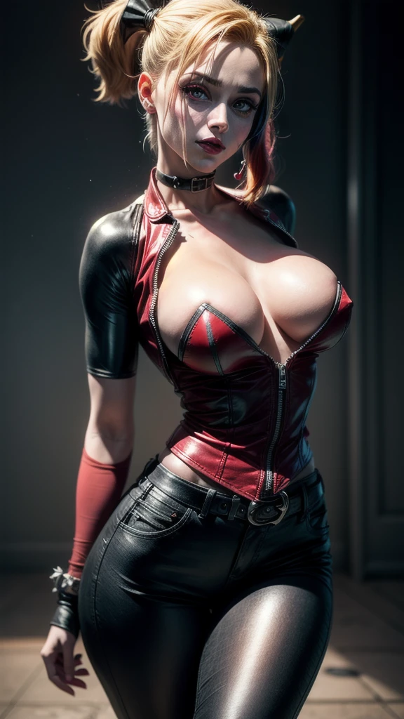 Harley Quinn, (((whole body))),super muscular build and average breasts.,wearing an open black leather vest..,There is a black leather belt at the waist, tight pants, and heavy boots, She has a punk rock look and an asymmetrical bob hairstyle... Harley Quinn inspired makeup....., Hyper-realistic close-up photograph of Harley Quinn, masterpiece, Best quality, (photorealistic:1.4), post-apocalyptic peace. Pay attention to subtle details, Sharp Focus, NSFW.