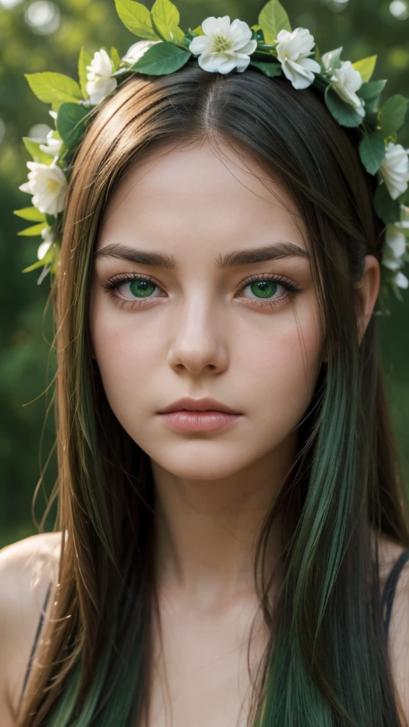 a girl. face sent feeling. Europe. Oval face. long face. delicate facial features. sad closed eyes. seductively seductive. green eyes. long straight hair. green hair. wreath on head. angry expression. directly. outdoor