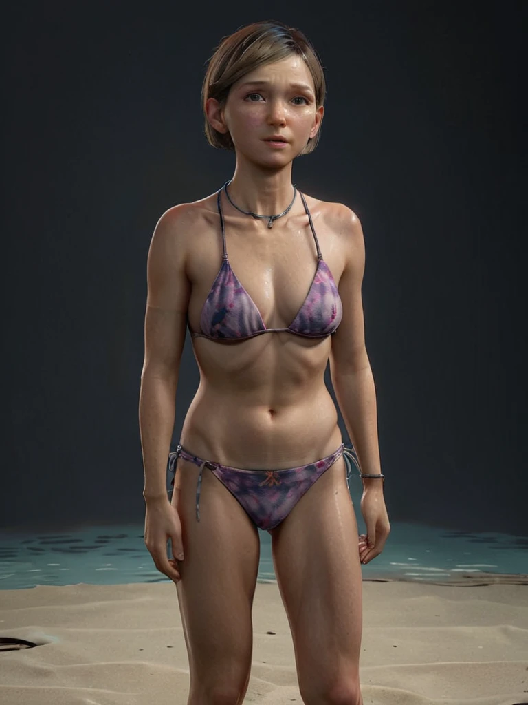 (realistic photo:1.2) a full body image of Sarah Miller she is standing straight,short hairs, wearing a full bikini,bikini, n