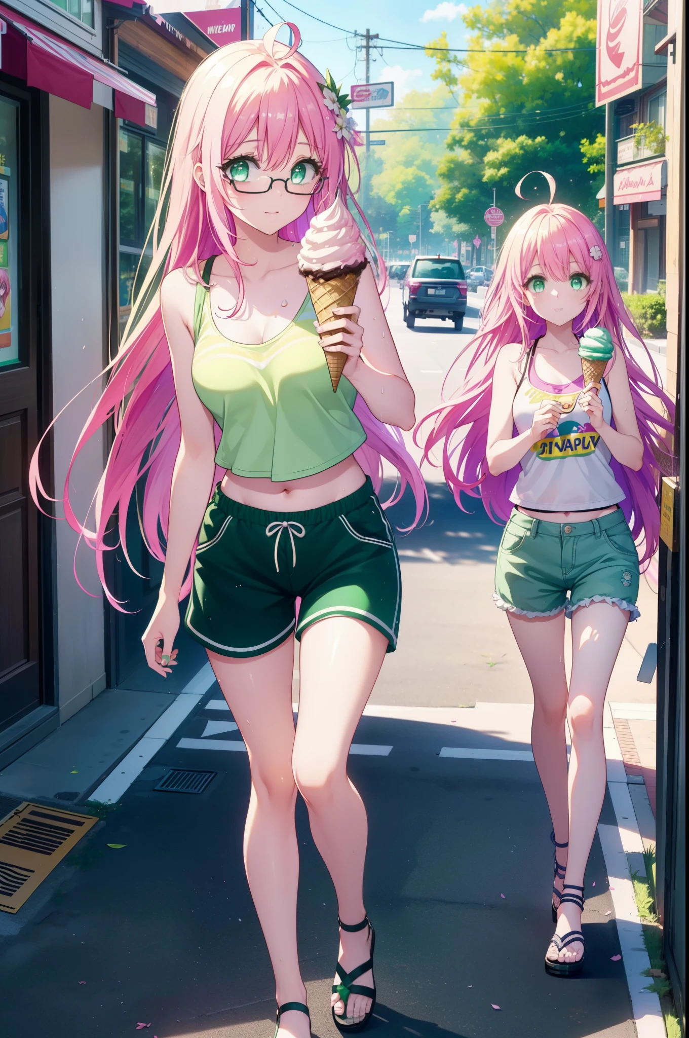 Laladevi Luke, Lara Deviluke, Long Hair, Pink Hair, tail, Ahoge, bangs, hair ornaments, (Green Eyes:1.5), smile,Open your mouth,demon tail, Tank top,Shorts,Heeled Sandals,Black-rimmed glasses,Holding ice cream in one hand,Eating ice cream,Walking,noon,Clear skies,True Summer,Sweat,whole bodyがイラストに入るように,
break outdoors, In town,
break looking at viewer, whole body,
break (masterpiece:1.2), Highest quality, High resolution, unity 8k wallpaper, (figure:0.8), (beautiful detailed eyes:1.6), extremely detailed face, Perfect lighting, extremely detailed CG, (Perfect hands, Perfect Anatomy),