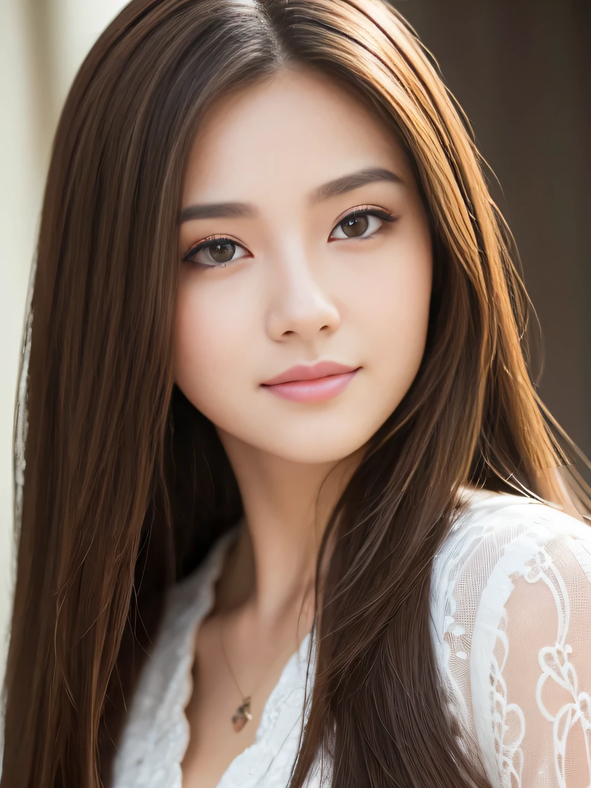 (RAW Photos), (Photorealistic), (masterpiece), (Highest quality), High resolution, 8K resolution, (Intricate details), (Light and voluminous), Portraiture, woman, Medium Hair, Straight hair, Layered Hair, Brown Hair, Highly detailed eyes, Very fine eyebrows, Highly detailed skin, Highly detailed mouth, Highly detailed nose, Cute like an idol, smile, ((Thick lips)), ((look into the viewer&#39;Eyes)), (Shapely breasts), (Cleavage), (Elegant see-through blouse), (Westshot), Bright cafe terrace background with cityscape view, Bodies facing random directions,