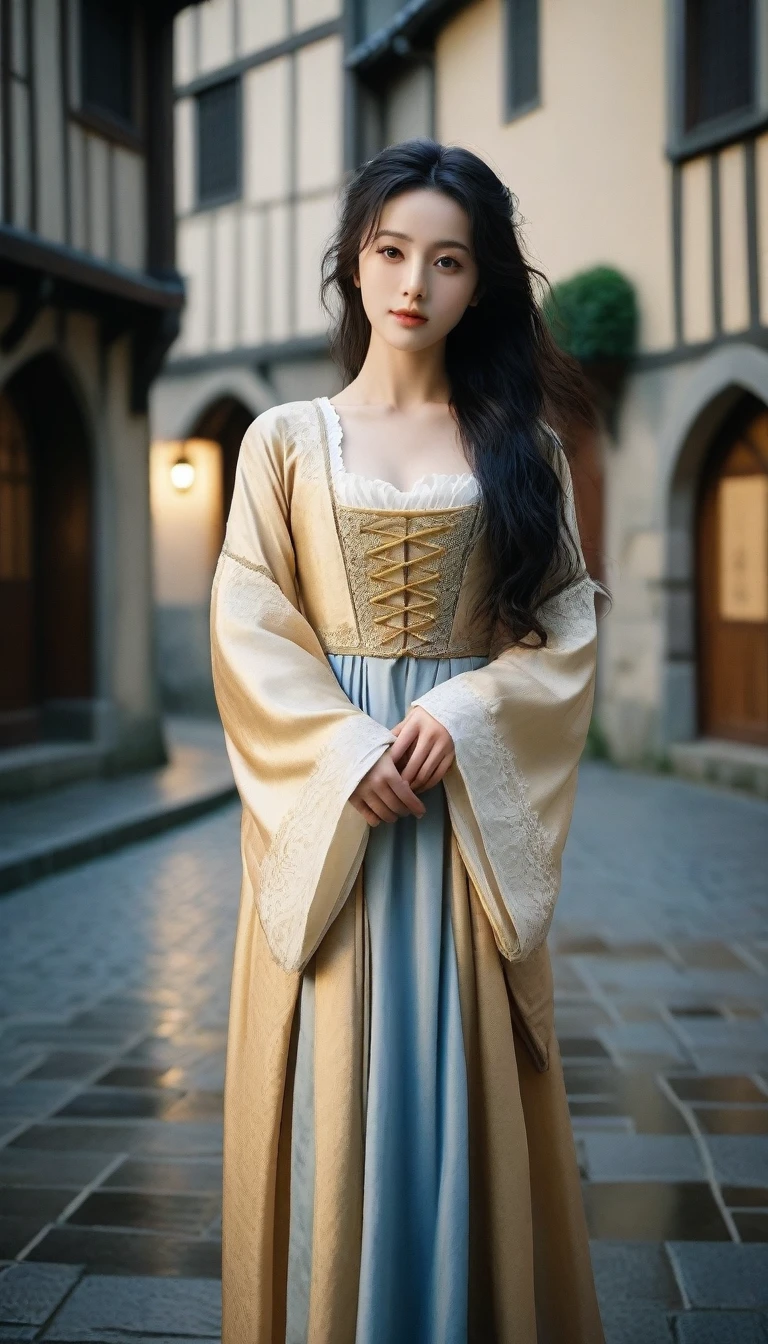 8k, Ultra-high resolution, Highest quality, masterpiece, 三分割法によるphotograph,Surreal, photograph, 1 Girl, (16 years old:1.3), pretty girl, Cute Face, Beautiful eyes in every detail, 細かくdetailedに,masterpiece,One Girl:1.2, Japan Female Announcer,full body,disgust,Long black hair,Loose curly hair,(Dressed in medieval European clothing:1.3),(印象派の美しい少女のPortraiture), (Standing in a medieval European square:1.3), (After the Rain), (Sunset reflection), (Impressionist light and colour),Beautiful leg line beauty,Realistic Skin, Perfect and beautiful face ,完璧でCute Face, Skin with attention to detail, Perfect limbs、Narrow waist、Thin legs),Looking at the audience、beauty,Long neck、(((Ideal body type))),A cup small breasts :2,Portraiture:2,Perfect Anatomy,鮮明なdetailed,detailed,Surreal,Light and shadow,darkness
