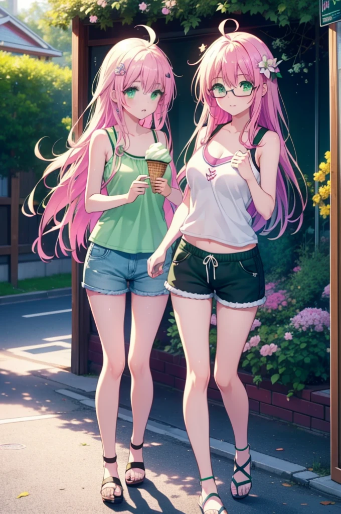 Laladevi Luke, Lara Deviluke, Long Hair, Pink Hair, tail, Ahoge, bangs, hair ornaments, (Green Eyes:1.5), smile,Open your mouth,demon tail, Tank top,Shorts,Heeled Sandals,Black-rimmed glasses,Holding ice cream in one hand,Eating ice cream,Walking,noon,Clear skies,True Summer,Sweat,whole bodyがイラストに入るように,
break outdoors, In town,
break looking at viewer, whole body,
break (masterpiece:1.2), Highest quality, High resolution, unity 8k wallpaper, (figure:0.8), (beautiful detailed eyes:1.6), extremely detailed face, Perfect lighting, extremely detailed CG, (Perfect hands, Perfect Anatomy),