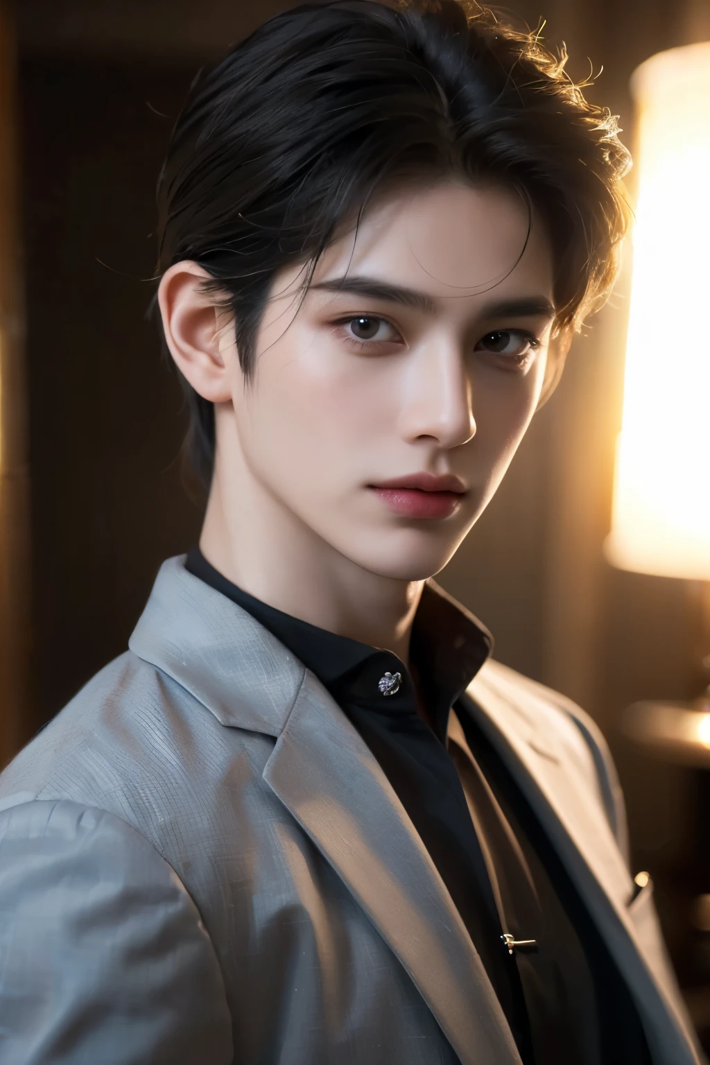 ((highest quality, 8K, masterpiece: 1.3)), Tokyo City、Handsome boy in street fashion:1.5, 20-year-old、Delinquent boy、 well-groomed face, black hair color、thin face、(white skin:1.5)、whole body、black eyes、boy with makeup、Super handsome、sexy eyes、Extra-fine face, handsome nose, small eyes and face, beautiful lighting, High resolution, detailed mouth, smile, whole body: 1.5, perfect body shape、super slim,medium hair、silver accessories、center, (full-length)