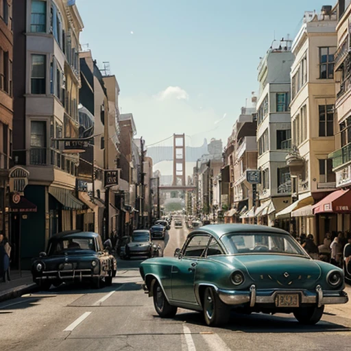 a peaceful representation of San Francisco in the 1960s, beautiful cityscape with classic architecture, vintage cars, people relaxing on the streets, warm lighting, muted color tones, (best quality,4k,8k,highres,masterpiece:1.2),ultra-detailed,(realistic,photorealistic,photo-realistic:1.37),cinematic composition,intricate details,dramatic lighting,stunning scenery,nostalgia,timeless atmosphere.