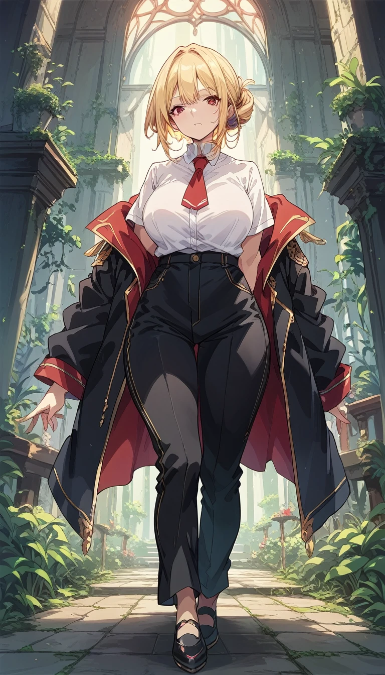 core_9, score_8_up, score_7_up, source_anime, full body, vampire, boyish, Large Breasts、 Wide Hips, tall height, black Jacket, white shirt, black pants, red tie, mature, female, Blonde hair, short tied hair, red eyes