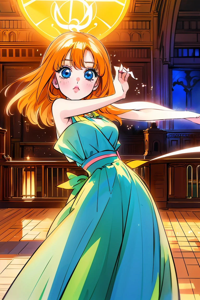 Hogwards, Yule ball, Yotsuba nakano, green ribbon, hogwarts great hall, full body, dancing girl, pretty flowing dress, wizard, sweet dreamy face, (Old anime, vintage anime, 90's anime style, naoko takeuchi style, masterpiece、top-quality, Official art、Beautifully Aesthetic:1.2)、(a beauty girl:1.3)、vivid colours、colourful, magical photography, dramatic lighting, intricate details, (1 girl, solo, alone), sfw, nakano_yotsuba, blue eyes, indigo eyes, aayotsuba, sparkling blue eyes, sfw, pretty teenage girl with shoulder length orange hair, hair ribbon, green ribbon, heart shaped lips and blue eyes making a cute face, blushing, aayotsuba, Nakano yotsuba from The Quintessential Quintuplets, yotsuba Nakano, masterpiece, 4k, ultradetailed, cowboy shot, shoulder lenght orange hair,, blushing,, blue eyes, innocent, pure, kawaii, tender, lovely, cheery, cute
