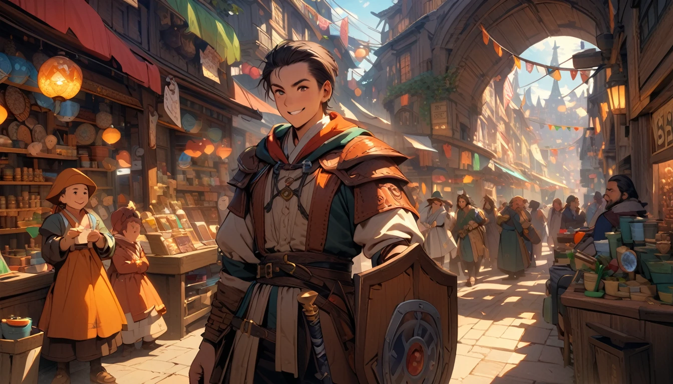 (masterpiece:1.4), (Highest quality:1.4), Very detailed, Complex, Very detailed, shape,Soft lighting, A bustling market in a magical city, Talk to the store clerk, Hopeful Face, smile, More than one person, Mixed gender, a group of adventurers, character from RPG games, (character: human, Fairy, Fairy, Dwarf, The Hobbit), (exterior: Swordsman Style, Shaman Style, Monk Style, Magician style), (belongings: Long sword, dagger, Holy Staff, Magic wand, shield, metal armor, Leather Armor), Perfectly accurate anatomical shape、All limbs intact、Perfect full finger, Colorful characters, A place to buy and sell mystical artifacts, Inside the store,Huge, Majestic, Uplifting expressions, Everyone's expressions are amazing.