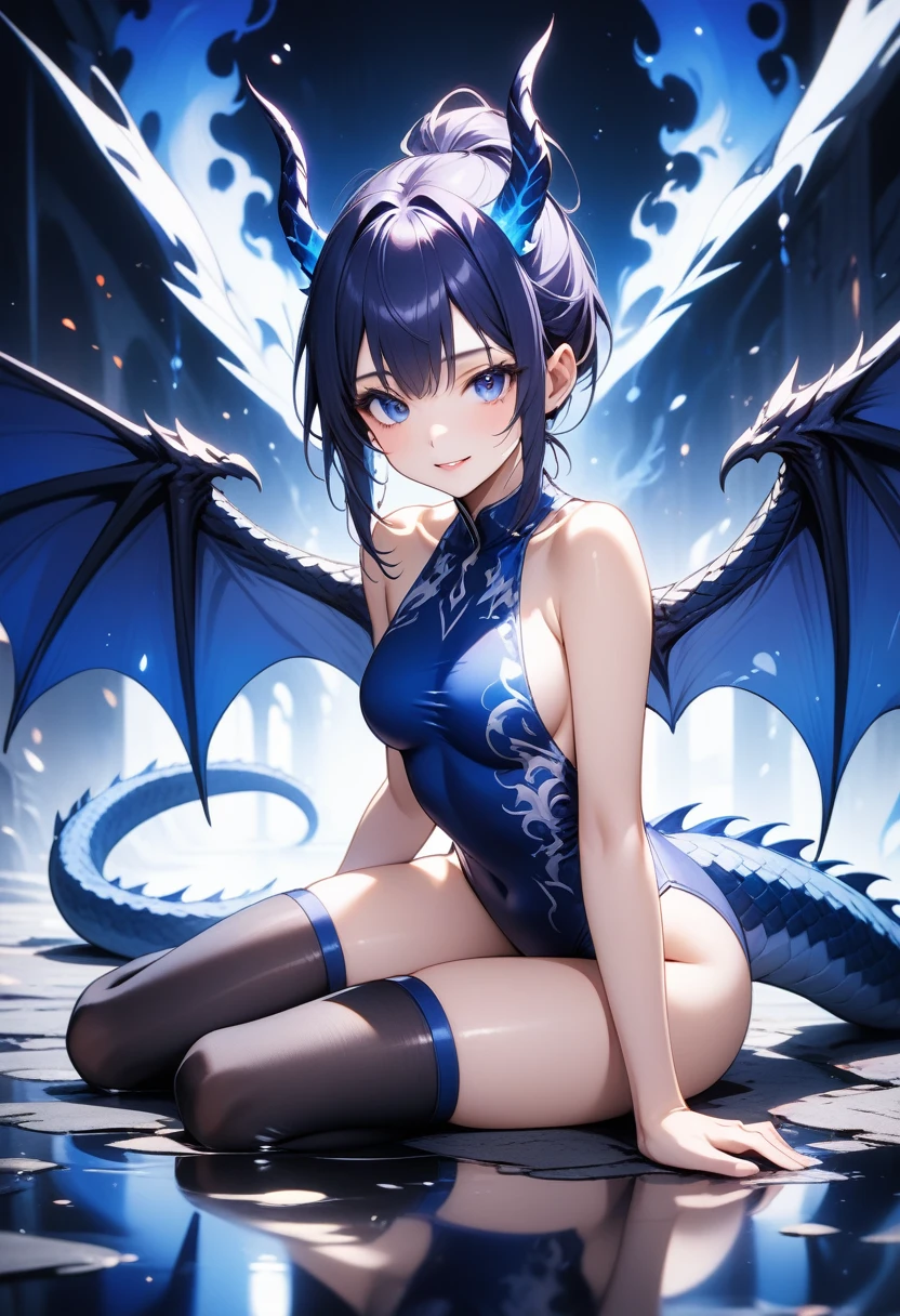 1 dragon girl, iolite eyes, (dragon wings:1.1), gorgeous wings, dragon horns, (dragon tail:1.1), ponytail, smirk, parted lips, cute,
medium breasts, (underboob:1.1), (sideboob:0.9), bare shoulders,
(flame print:1.1), sideless outfit, leotard, thighhighs,
sitting, wariza, leaning forward,
(too many indigo flames:1.1), (blue night:1.1), (blue ruins:0.8), (surface reflection:0.9), puddle,
sharp focus, looking at viewer, close-up,
(indigo atmosphere:1.1), (indigo tone:1.1), (deep blue tone:0.9),
illustration, (anime coloring:1.1),
BREAK (masterpiece:1.2), (best quality:1.2), newest, (intricate details:1.2), ai-generated,