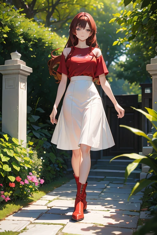 ((masterpiece, best quality, ultra-detailed)), beautiful woman walking through garden, red t-shirt, white midi pencil skirt, long skirt, leather boots, full body, long brown hair, wavy hair