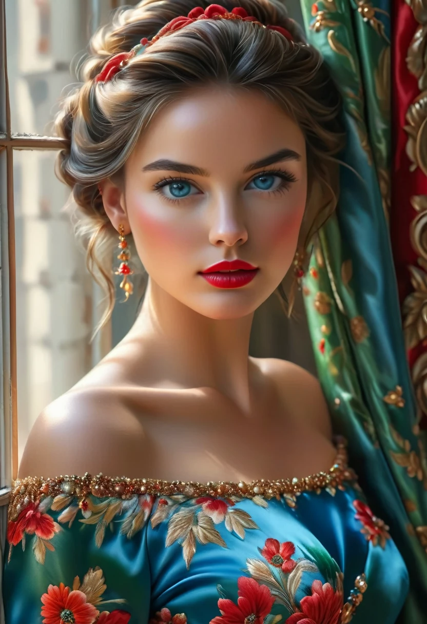 (Best Quality, 4K, 8K, High Resolution, Masterpiece: 1.2), (Super Detailed, Realistic, Photorealistic: 1.37) A captivating young woman, wearing a stunning blue and red floral satin ensemble, stands before from a window with an air of toughness and determination. Her enchanting green eyes are exquisitely detailed, capturing every sparkle and depth, while her lips boast a meticulous beauty that is both captivating and seductive. The level of detail extends to the entire face, every contour and feature is meticulously rendered to perfection, creating a sense of hyperrealism that draws the viewer in. 

The girl's costume, reminiscent of oil painting, is a work of art in itself. The fabric, expertly crafted to resemble vibrant brushstrokes, adds a touch of dynamism to your overall look. It is a true reflection of the artist's talent, showing mastery, (NSFW:1.5), Chignon hairstyle.