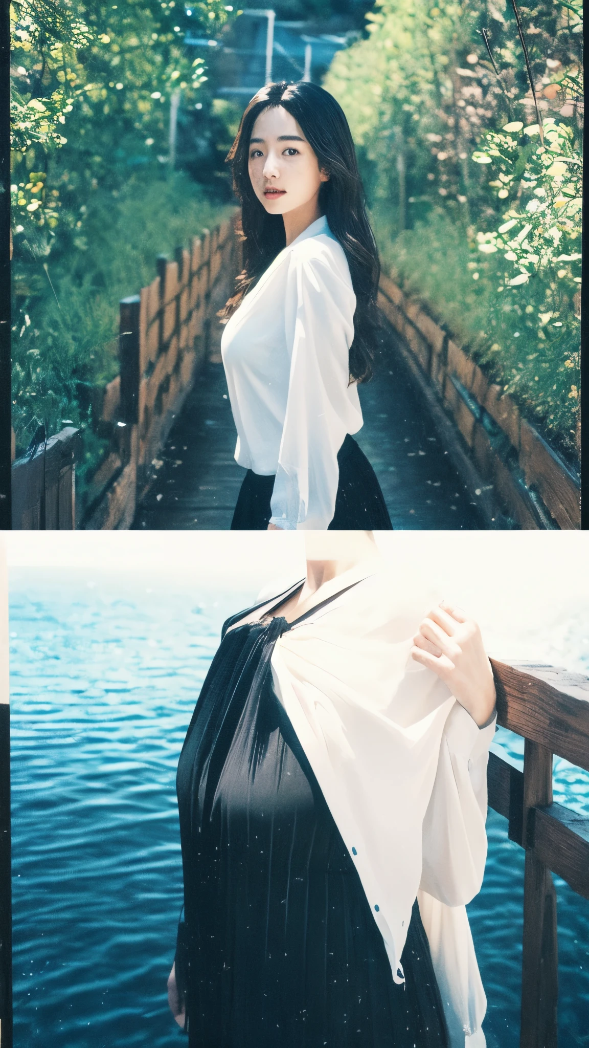 masterpiece,ultra realistic,32k,extremely detailed CG unity 8k wallpaper, best quality, dramatic light,(film overlay, film grain:1.3),
(masterpiece, best quality:1.2), (looking at viewer), (wavy hair:0.8),
1girl, upper body,
outdoors, night,, white shirt, black skirt,
medium breasts,