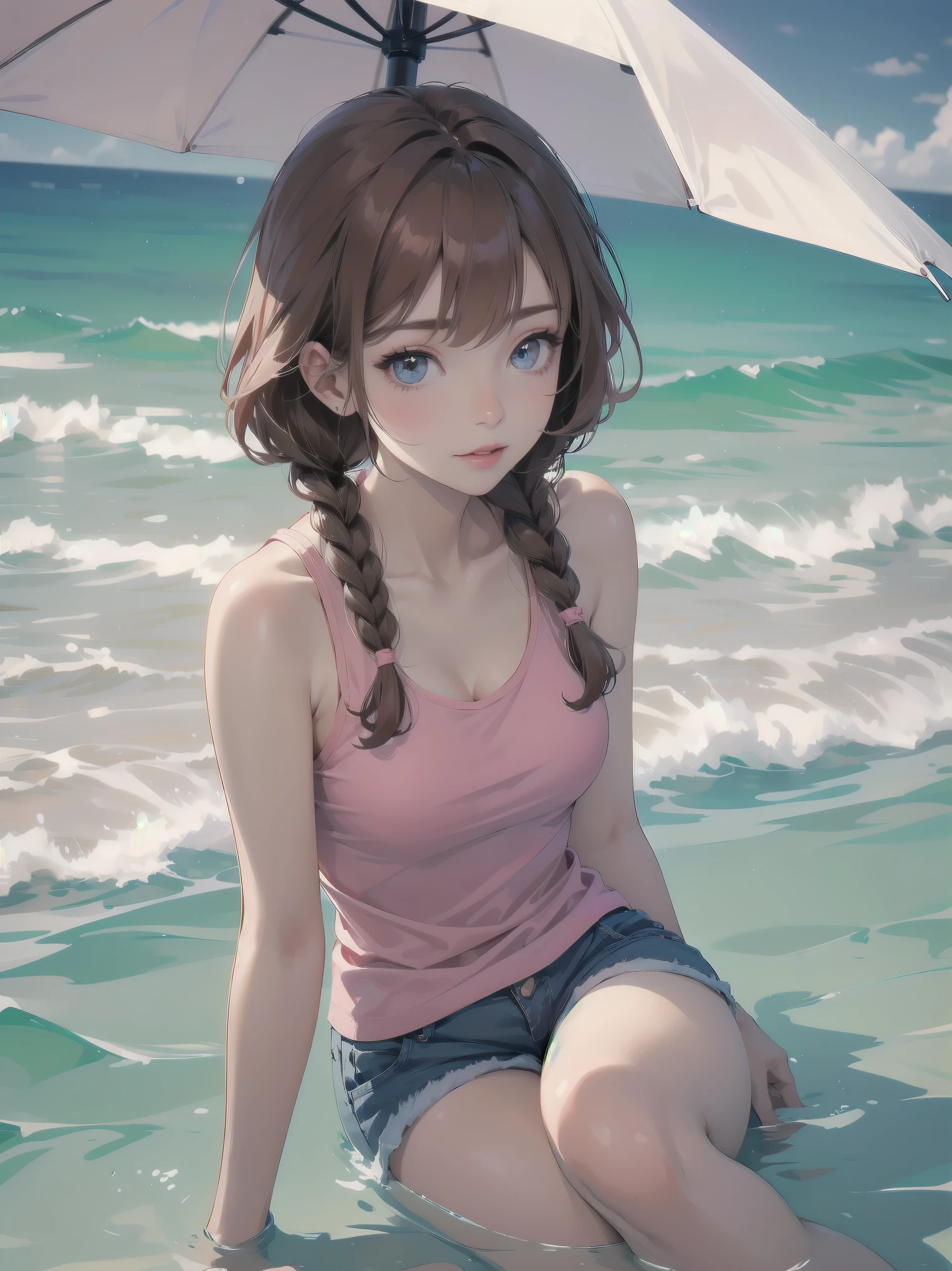 (Masterpiece: 1.2), (Best quality: 1.2), high resolution, detailed. BREAK. ((Cute girl with red hair in twin braids)), (1, pink tank top and shorts, , content expression: 1.3), drinking cold lemonade with straw, lying on beach towel. BREAK. Sunny beach, large umbrella, sandy beach, ocean with gentle waves, people playing in water. BREAK. ((Bright sunlight)), shimmering water, small portable fan nearby. BREAK. ((Positive: 1.3)). BREAK. Cheerful digital illustration, beach vacation mood