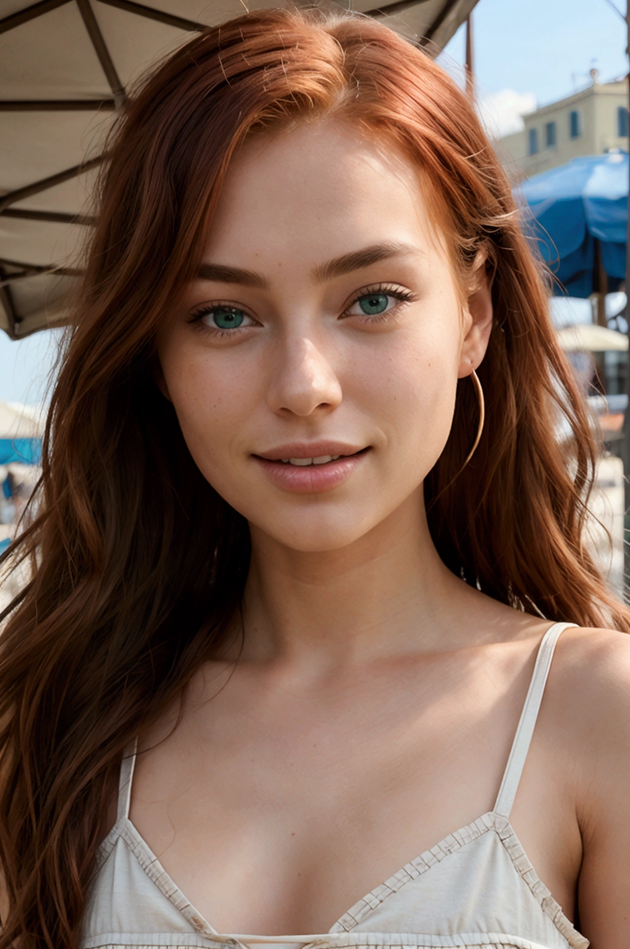 "Generate a hyper-realistic, detailed photo of a model with cherry red hair. The hair should be extremely realistic, long, and wavy, cascading down her shoulders. The model has striking green eyes that are vivid and lifelike. Her skin should be portrayed with realistic textures and tones, capturing natural lighting and subtle nuances. Place the model at Venice Beach, with the iconic Venice sign and boardwalk in the background. The model is riding a colorful beach cruiser bicycle, smiling and looking towards the camera. She is dressed in casual, beachy clothing, with a boho vibe. The background should include the boardwalk, the beach, and the vibrant atmosphere of Venice Beach. The overall image should be high-resolution and highly detailed, with an emphasis on lifelike features and realistic shading."