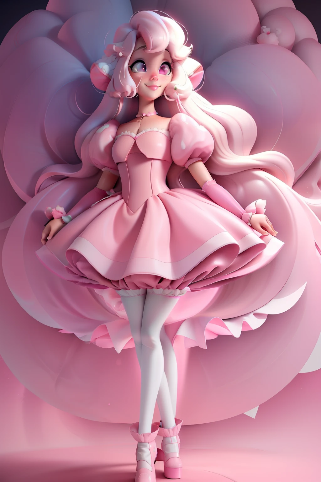 pnkdamond, pink hair, pink eyes, big hair, stomach gem, pink skin, toned,
puffy short sleeves, elbow gloves , white thighhighs, puffy dress,
standing, upper body,
outerspace,
(insanely detailed, beautiful detailed face,beautiful detailed eyes, masterpiece, best quality) cinematic lighting, smile,