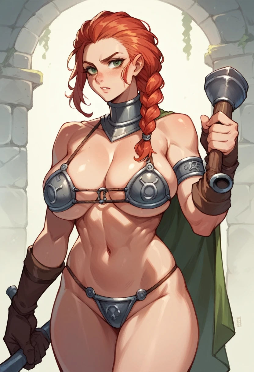 dwarf, forge cleric, iron bikini, large , fantasy race, red braided hair